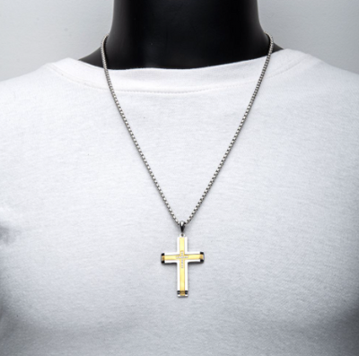 18K Gold Ion-Plated Steel Cross Pendant with a Brushed Finish and Lab-Grown Diamonds
