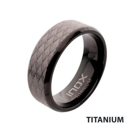 Black IP Titanium Etched Fishskin Comfort Fit Ring, Size 10.5