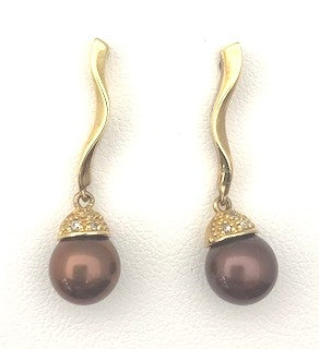 14KY  Chocolate Dyed Pearl Dangle Earring Pair
