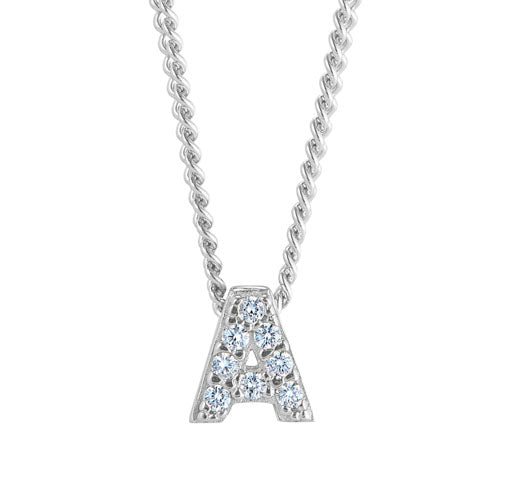 Platinum Finish Sterling Silver Micropave A Initial Pendant with Simulated Diamonds on 18" Curb Chain