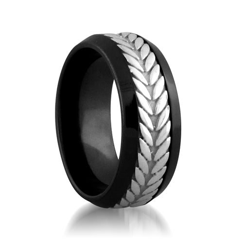 9mm Black Titanium Band with Sterling Silver Beveled Wheat Center Size: 10