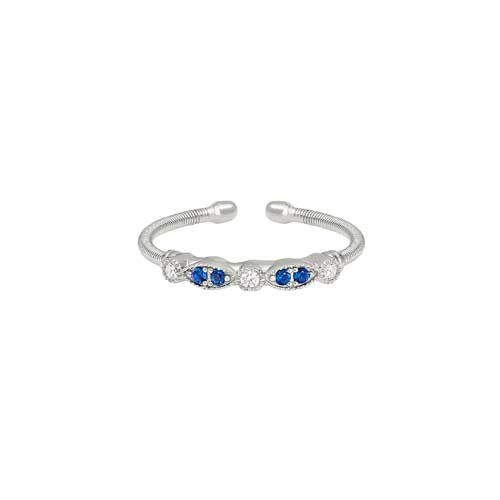 Rhodium Finish Sterling Silver Cable Cuff Ring with Simulated Blue Sapphire and Simulated Diamond Marquis & Round Design Size:8