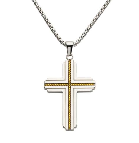 Gold IP Stainless Steel Rope Inlay Two-tone Cross Necklace