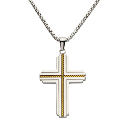 Gold IP Stainless Steel Rope Inlay Two-tone Cross Necklace