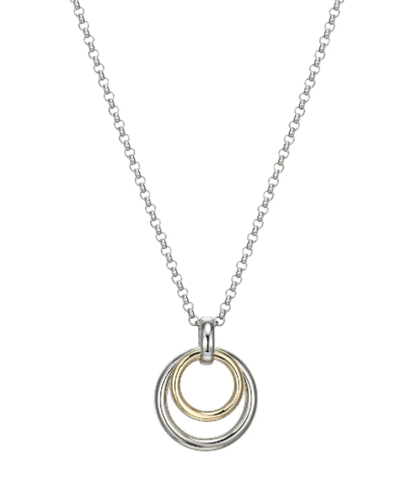 SS ELLE "Simpatico" Rhodium and Gold Plated Double Circle Drop Pendant (17" + 3")