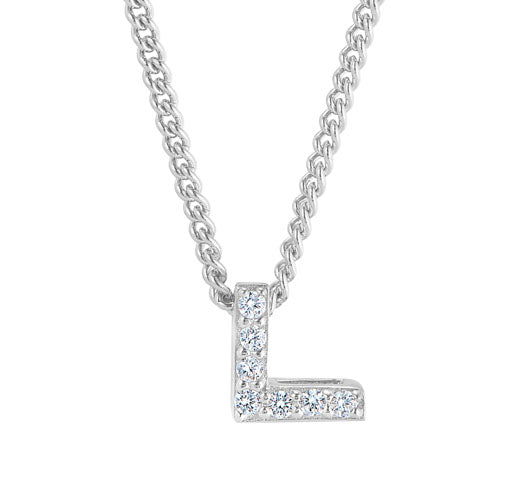 Platinum Finish SS Micropave L Initial Pendant with Simulated Diamonds on 18" Curb Chain