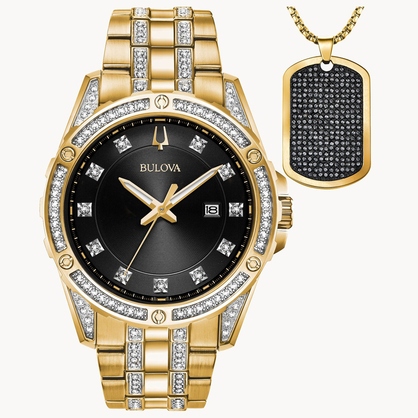 Gent's Gold Tone Bulova "Crystal" Watch w/ Black Dial & Swarovski Crystal Necklace Gift Set