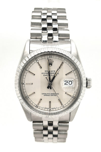 Gent's Stainless Pre-owned Rolex Datejust with Silver Tapestry Dial