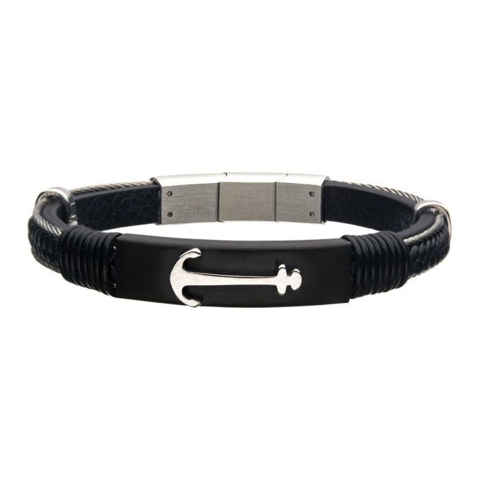 Stainless Steel and Leather Bracelet with Anchor