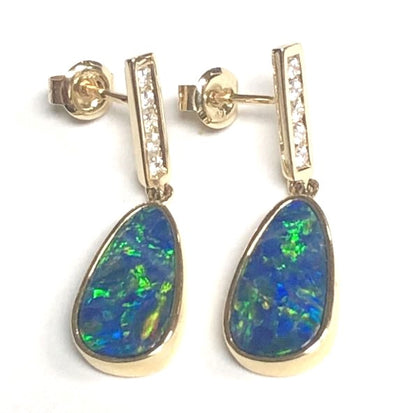 14KY Australian Opal Doublet & Diamond Dangle Earring Pair