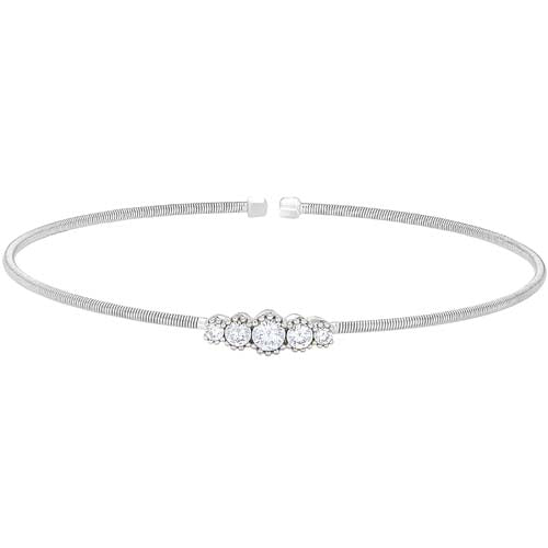 Rhodium Finish Sterling Silver Cable Cuff Bracelet with Graduated Five Stone Simulated Diamonds