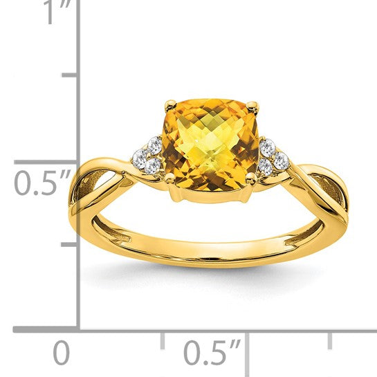 14K Yellow Gold Checkerboard Citrine and Diamond Ring Size:7