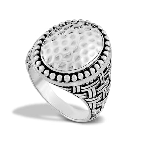 SS OVAL BEADED DESIGN HAMMERED SILVER RING
