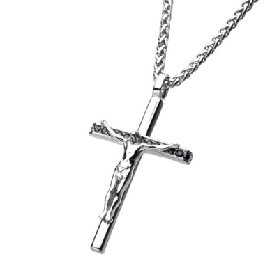 Men's Stainless Steel Jesus Christ Crucifix Necklace with Black Cubic Zirconia