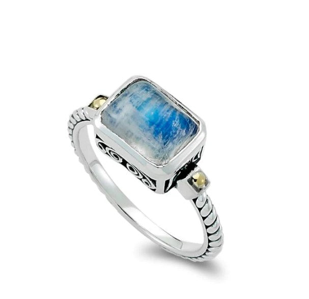 SS/18K Emerald Cut Ring with Rainbow Moonstone