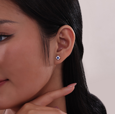 SS Bonded w/ Plat 0.54ctTW Halo Blue Lab-Grown Sapphire Stud Earrings