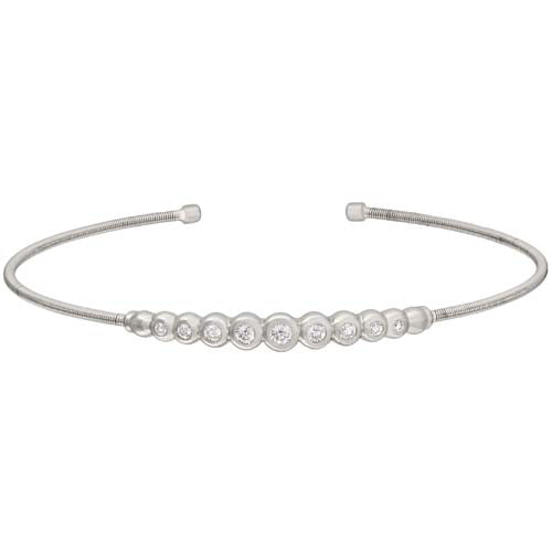 Rhodium Finish Sterling Silver Cable Cuff Bracelet with Graduated Simulated Diamonds