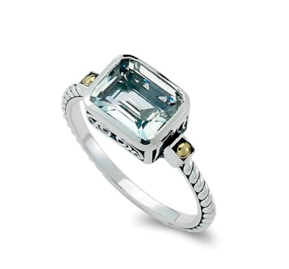 SS/18K Emerald Cut Ring with White Topaz