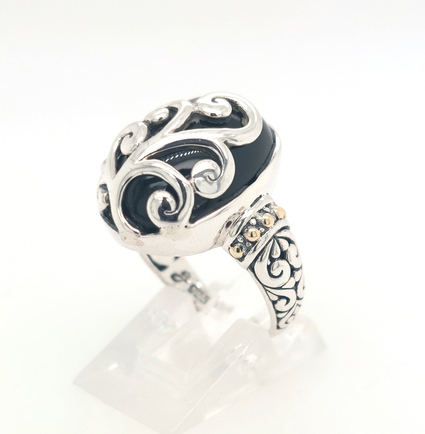 SS and 18K Yellow Gold Oval Black Chalcedony "Silver Fern Ring"