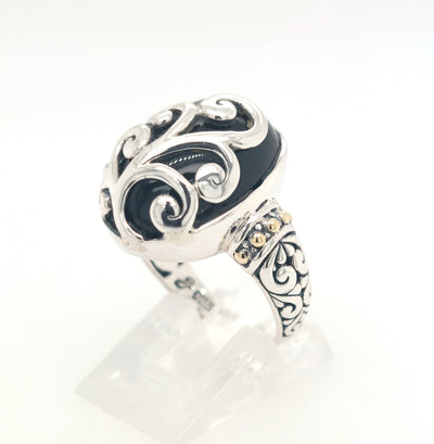 SS and 18K Yellow Gold Oval Black Chalcedony "Silver Fern Ring"