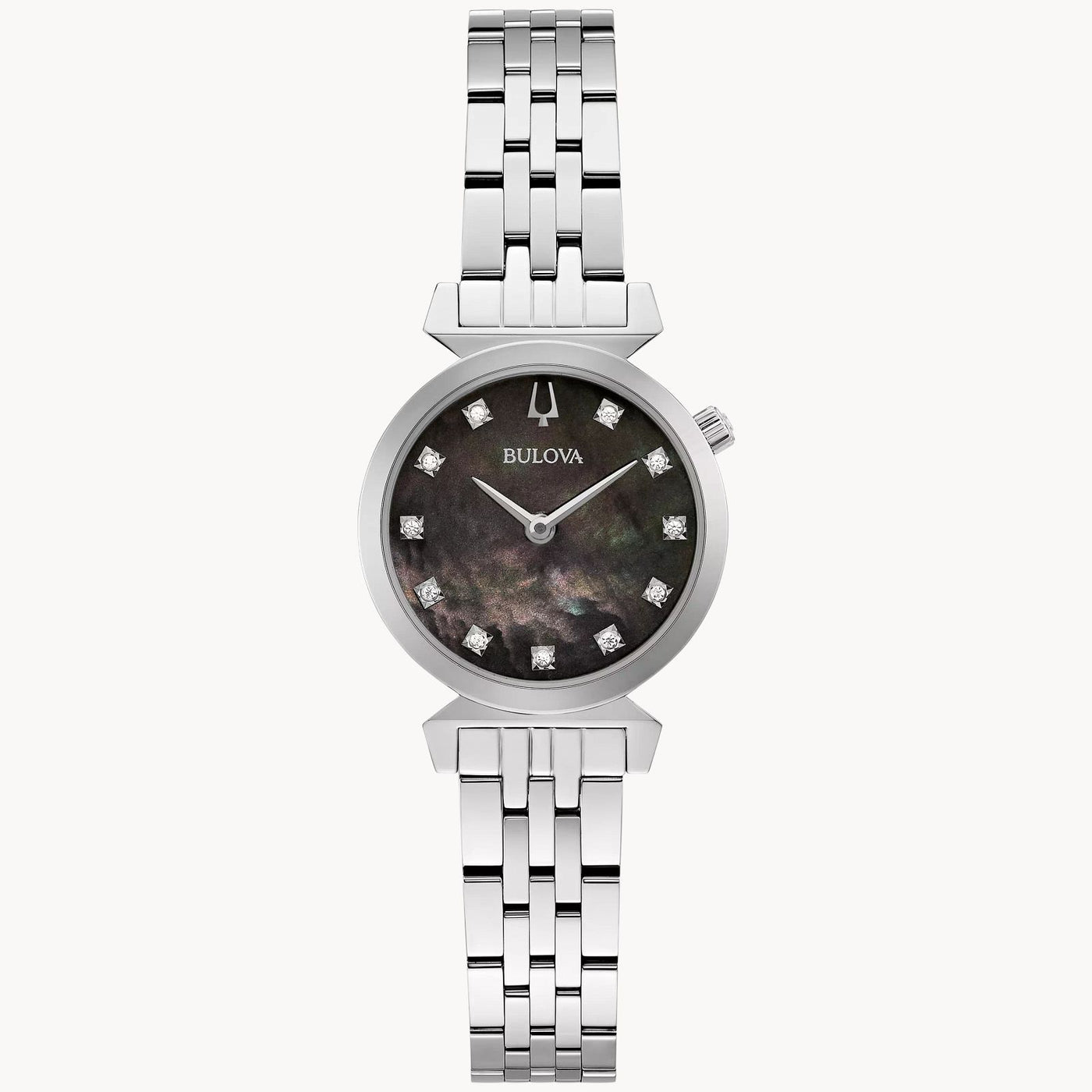 Lady's Stainless Steel Bulova "Regatta" with Black Mother of Pearl Diamond Dial