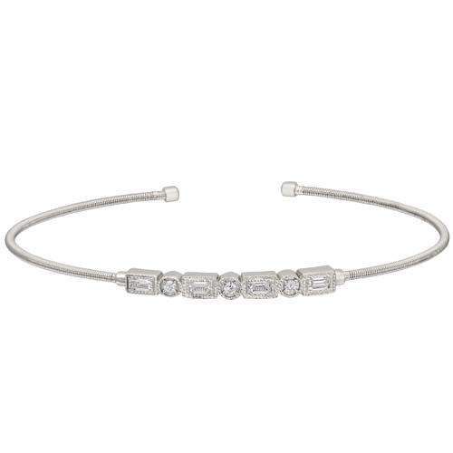 Rhodium Finish SS Cable Cuff Bracelet with Simulated Diamond Emerald & Round Design