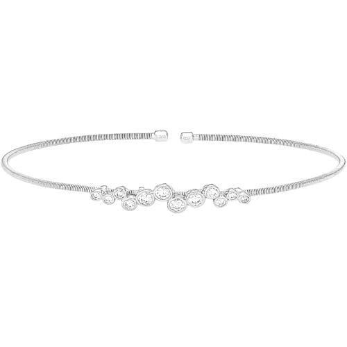 Rhodium Finish Sterling Silver Cable Cuff Bracelet with Bubble Pattern Simulated Diamonds