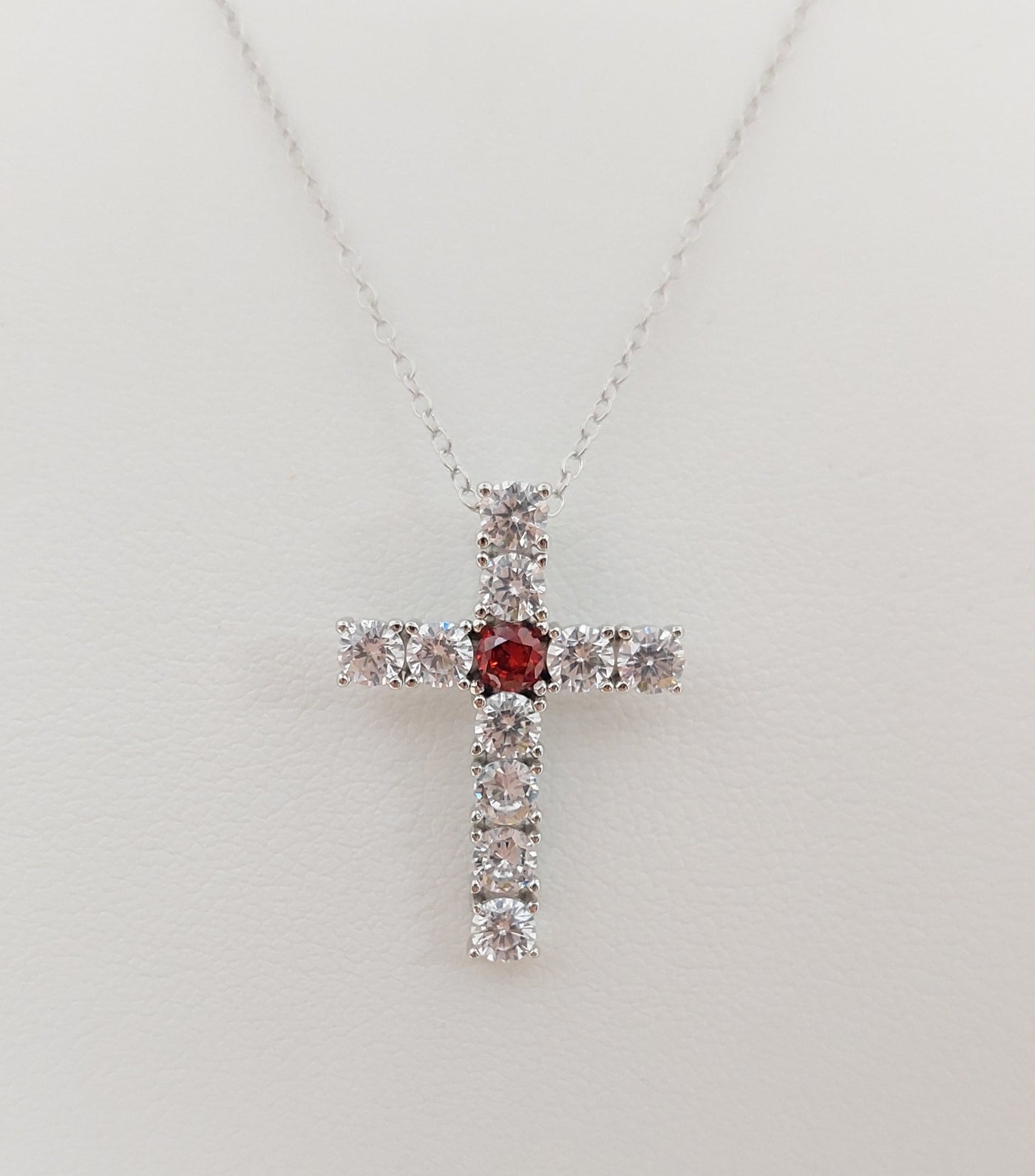 Silver Simulated Ruby/Diamond Cross Necklace