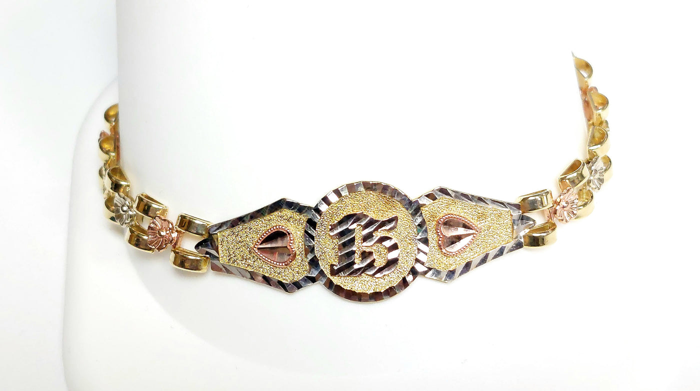 10K Tri-color gold Quinceanera  "15" bracelet