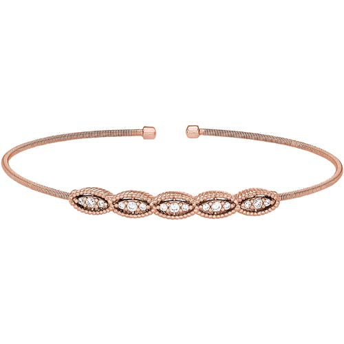 Rose Gold Finish Sterling Silver Cable Cuff Bracelet with Five Simulated Diamond Marquise Shapes