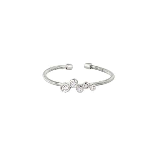 Rhodium Finish Sterling Silver Cable Cuff Ring with Bubble Pattern with Simulated Diamonds Size:8