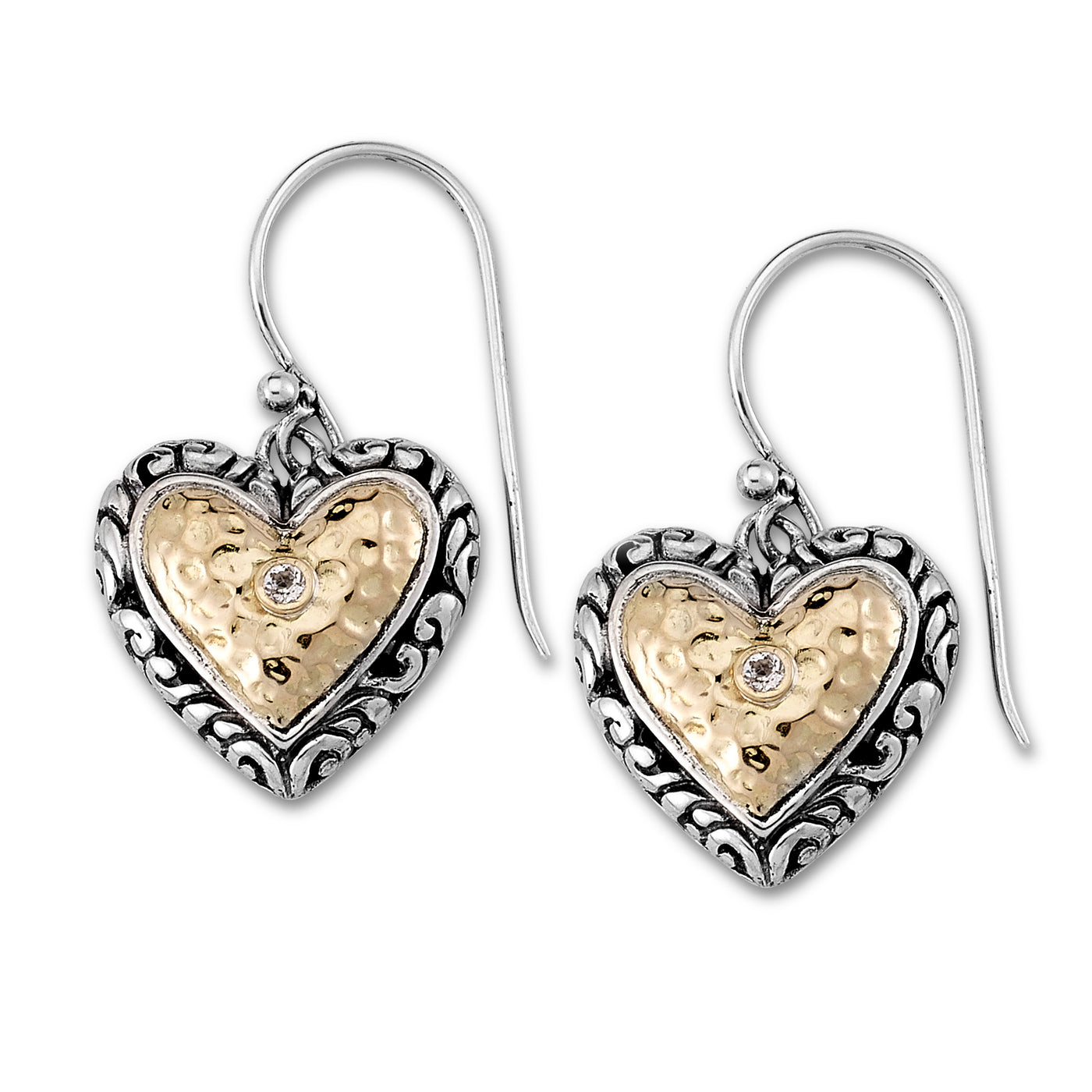 SS & 18K Yellow Gold White Topaz Heart Filigree Drop "Nandini" Earrings