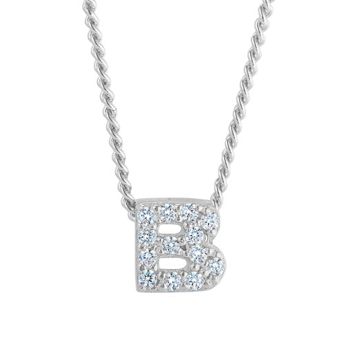Platinum Finish Sterling Silver Micropave B Initial Pendant with Simulated Diamonds on 18" Curb Chain