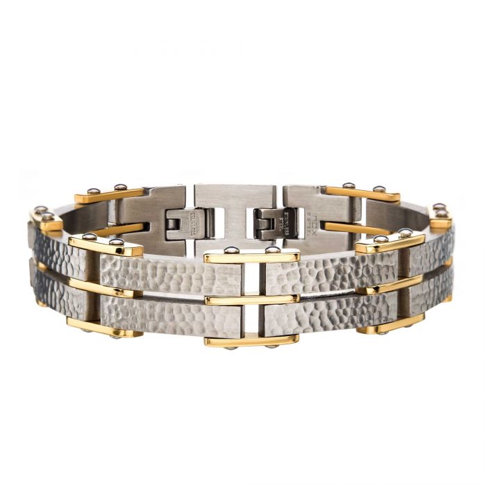 Two Tone Stainless Steel Hammered Modern Bracelet