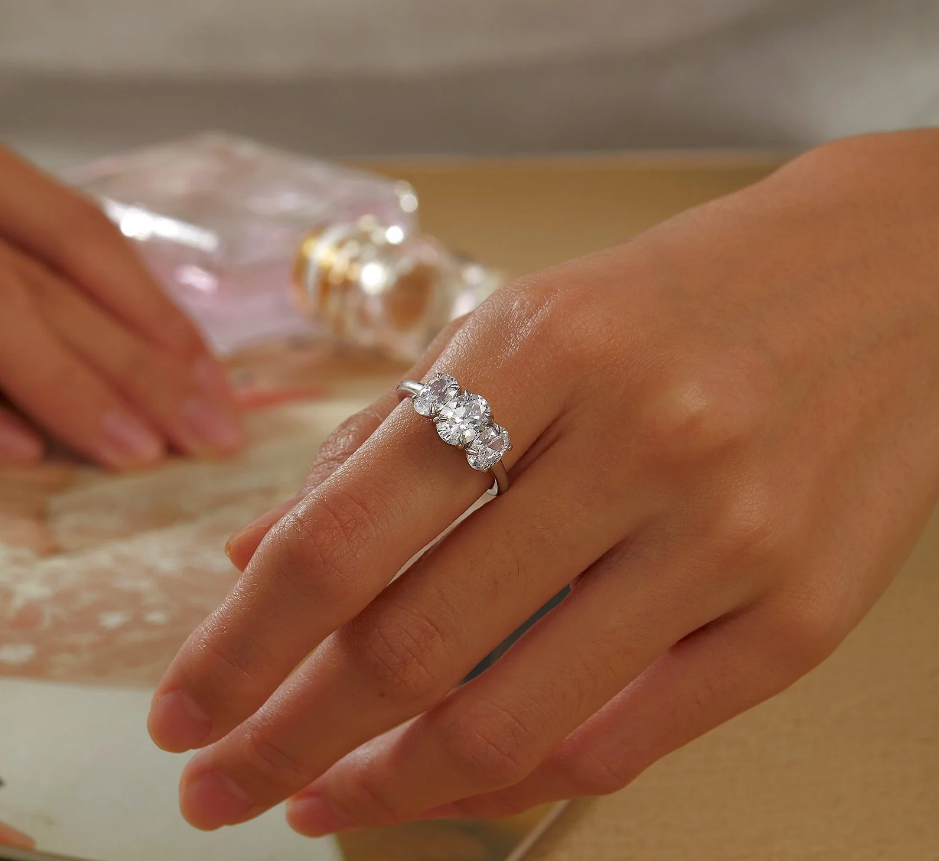 Rhodium Plated SS Lafonn Oval Three-Stone Engagement Ring