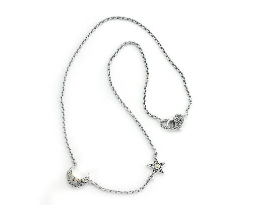 SS & 18K Yellow Gold Moon & Star "Silver Sky Necklace"