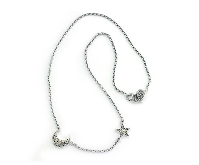 SS & 18K Yellow Gold Moon & Star "Silver Sky Necklace"
