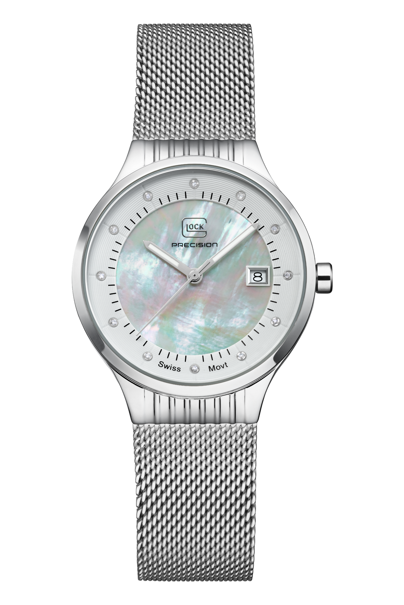 Lady's Steel Glock Watch with Mother of Pearl Diamond Dial and Mesh Strap