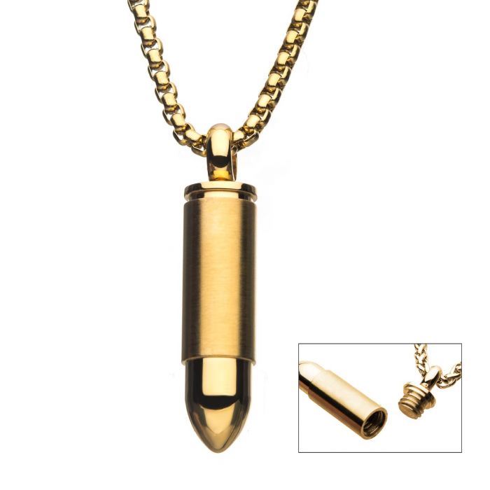 Men's Stainless Steel Gold Plated Memorial Bullet Necklace