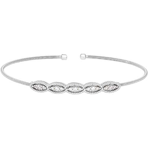 Rhodium Finish SS Cable Cuff Bracelet with Five Simulated Diamond Marquise Shapes