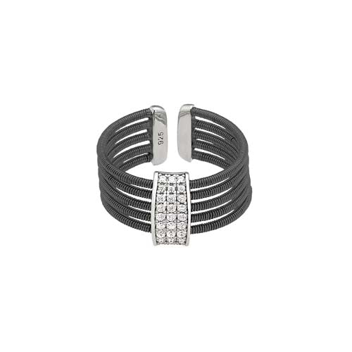 Black Rhodium Finish Sterling Silver Multi Cable Cuff Ring with Rhodium Finish Simulated Diamond Three Rows Size:8