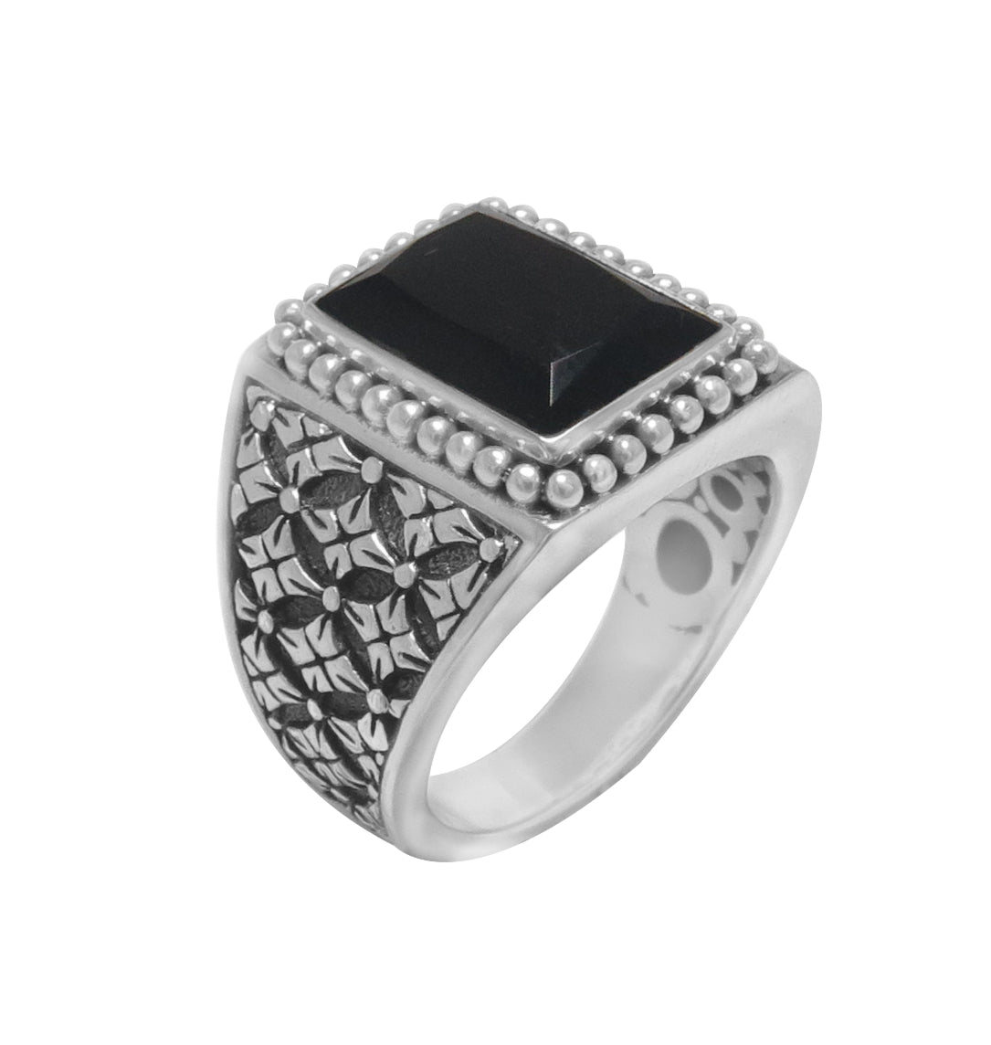 SS SQUARE ONYX RING  WITH BEADING AND FILIGREE DESIGN