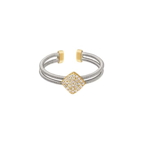 Rhodium Finish SS Two Cable Cuff Ring with Gold Finish Simulated Diamond Large Diamond Shape Size:5