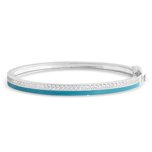 Platinum Finish Sterling Silver Micropave Hinged Bangle Bracelet with Turquoise Enamel and Simulated Diamonds