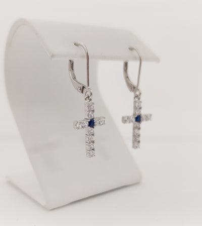 Silver Simulated Blue Sapphire/Diamond Cross Earrings