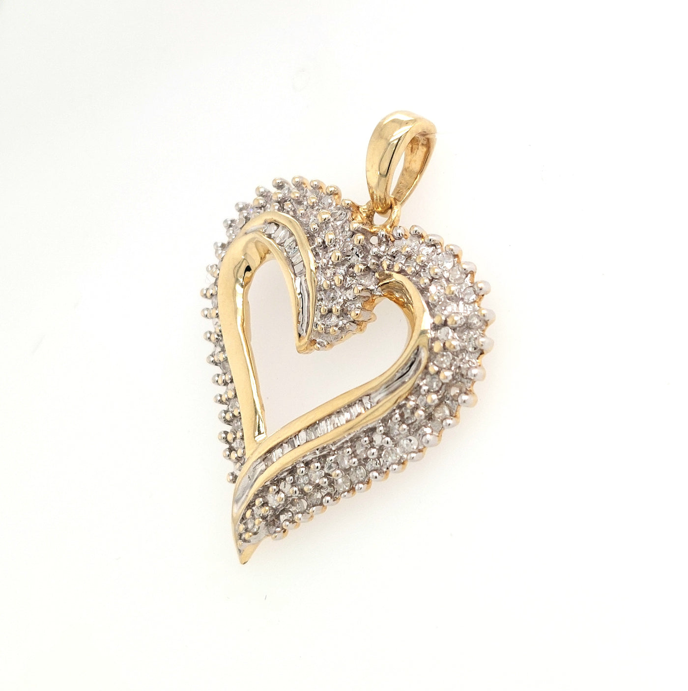 10K Two-Tone Gold Diamond Heart Pendant 1.00ctTW approx. with H-I/SI RBC & Baguette Diamonds