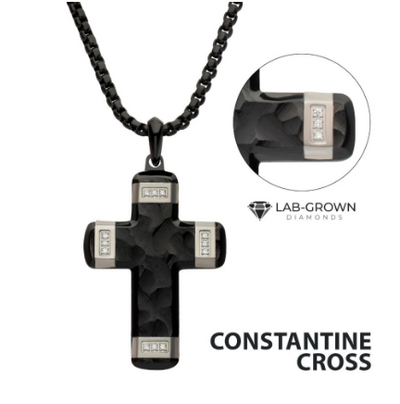 Matte Finish Black Stainless Steel Steel Cross Necklace with Lab-Grown Diamonds