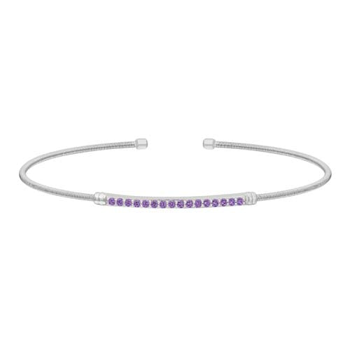 Rhodium Finish SS Cable Cuff Bracelet with Simulated Amethyst Birth Gems - February