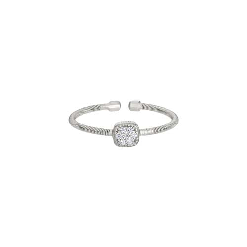 Rhodium Finish Sterling Silver Single Cable Cuff Ring with Rhodium Finish Simulated Diamonds Size:8