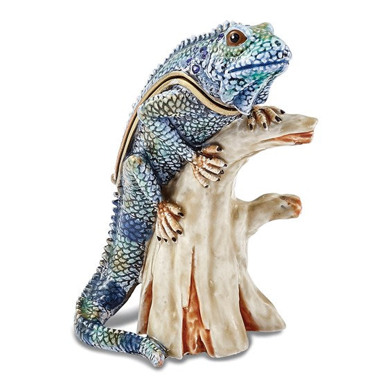 Luxury Giftware Pewter Bejeweled Crystals Gold-tone Enameled CAYMAN Blue Iguana on Branch Trinket Box
